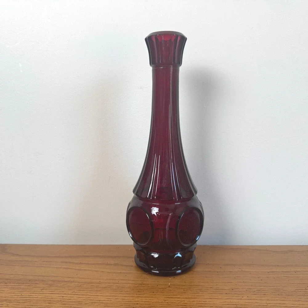 Vintage‎ Ruby Red Glass Bud Vase Mid Century Modern Thumbprint